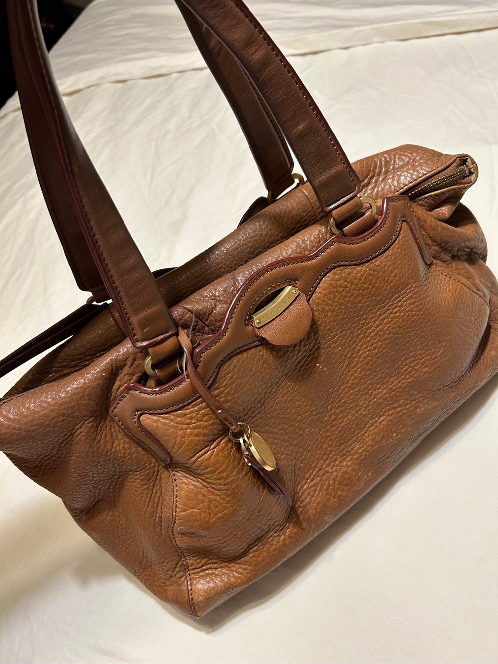 T Tahari Cognac Brown Pebbled Leather Satchel